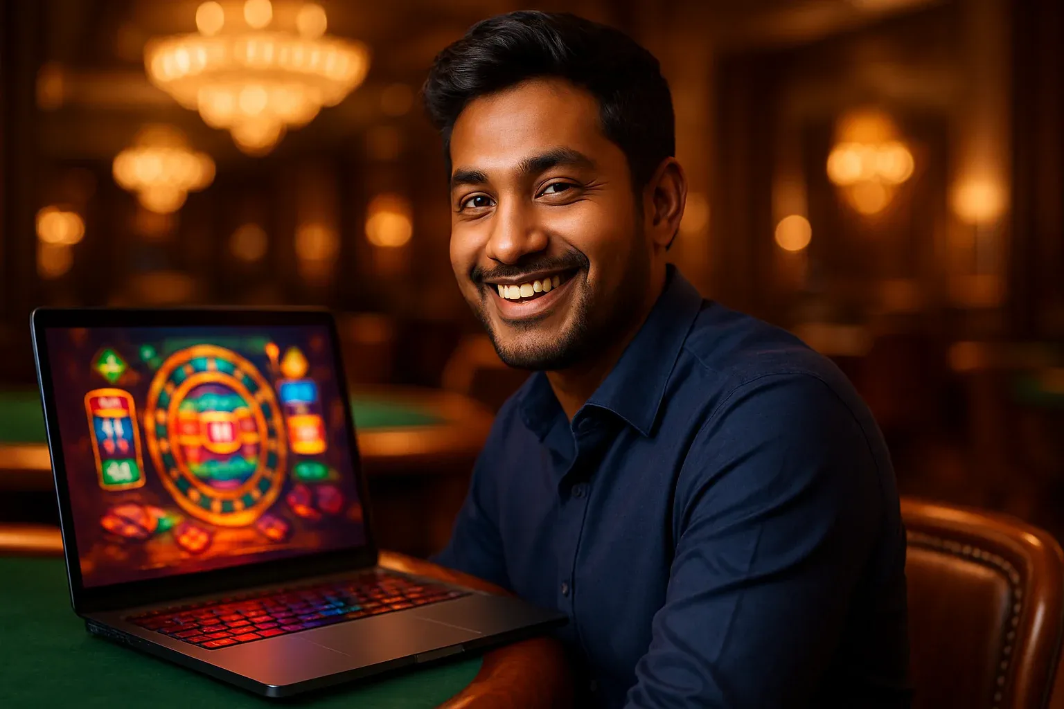 Cheerful Bangladeshi man with open laptop at premium casino lounge