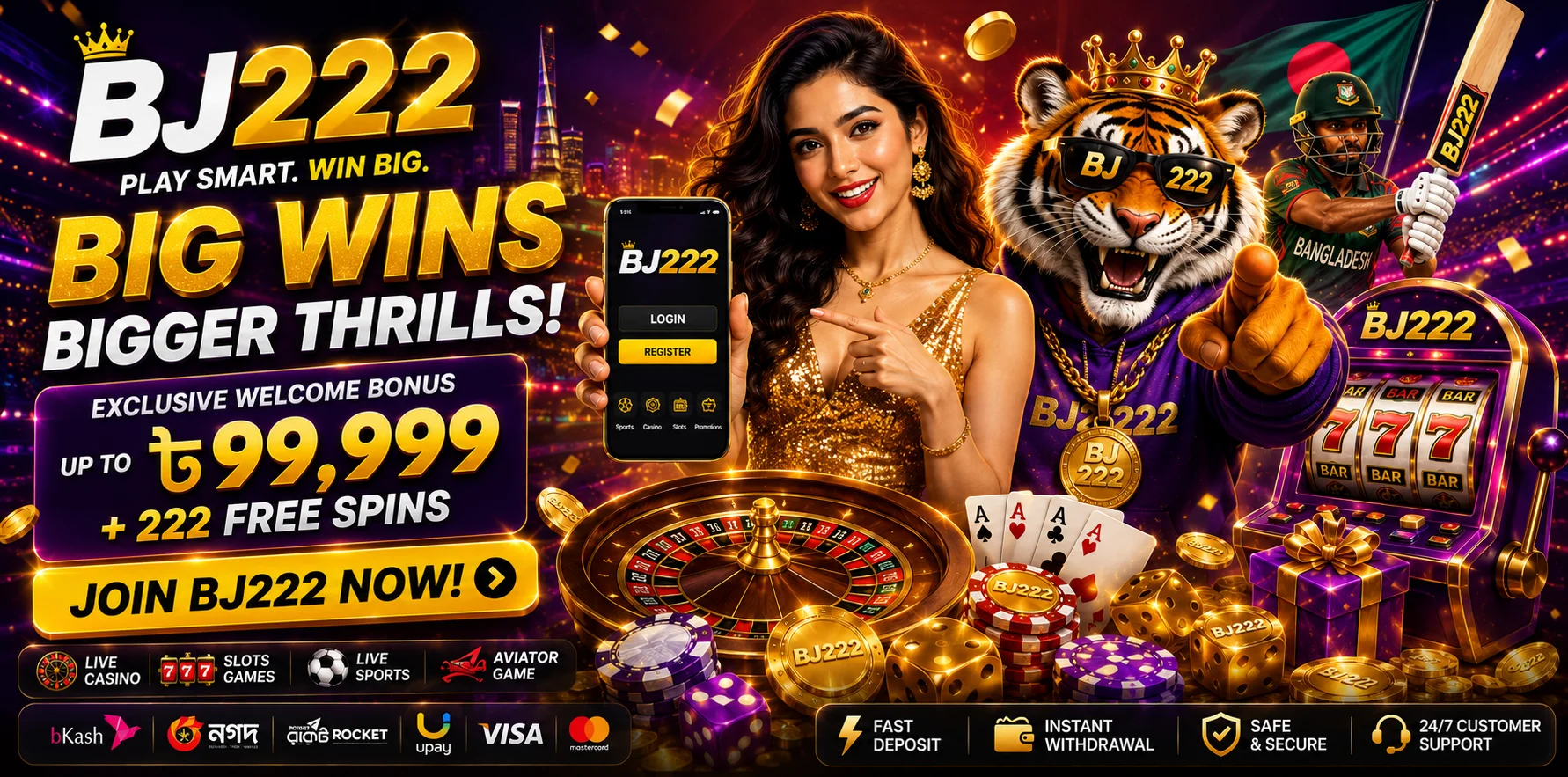 Cheerful Bangladeshi man holding smartphone with colorful casino app screen